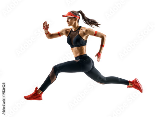 Woman runner in silhouette isolated on white background. Dynamic movement. Side view