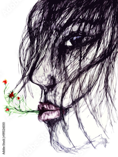 Dessin d'une jeune femme de profil cheveux au vent et fleurs à la bouche