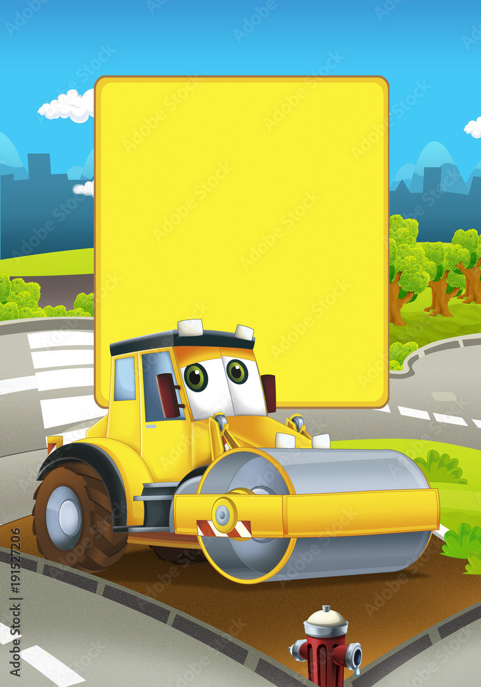 Naklejka premium Cartoon road roller truck in the city - with space for text - illustration for children
