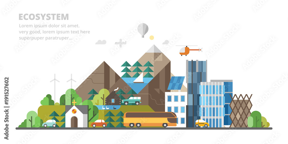 Abstract illustrations - Ecologically clean nature and modern city. Transport. Renewable energy. Ecosystem infographics