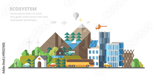 Abstract illustrations - Ecologically clean nature and modern city. Transport. Renewable energy. Ecosystem infographics