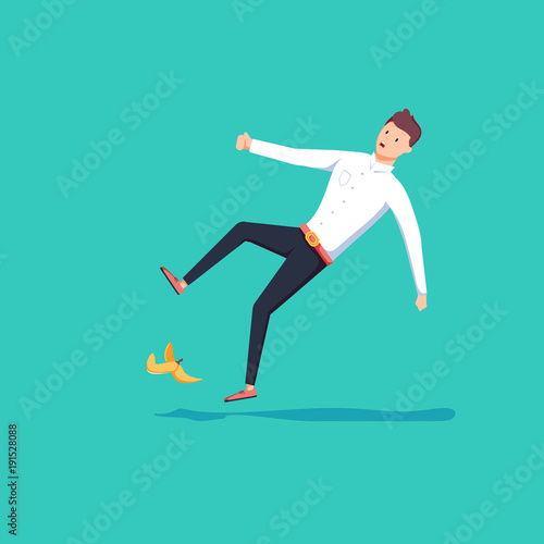 Flat 3d isometric businessman slipped on a banana peel. Business accident concept.