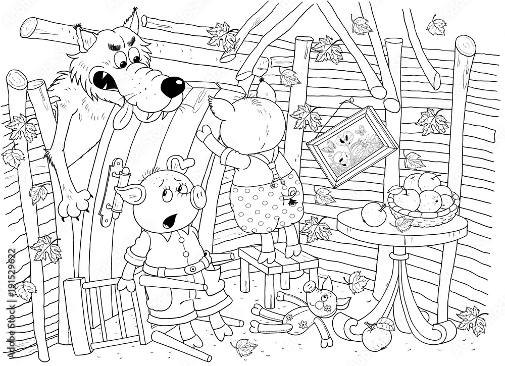 Three little pigs. Fairy tale. Coloring book. Coloring page