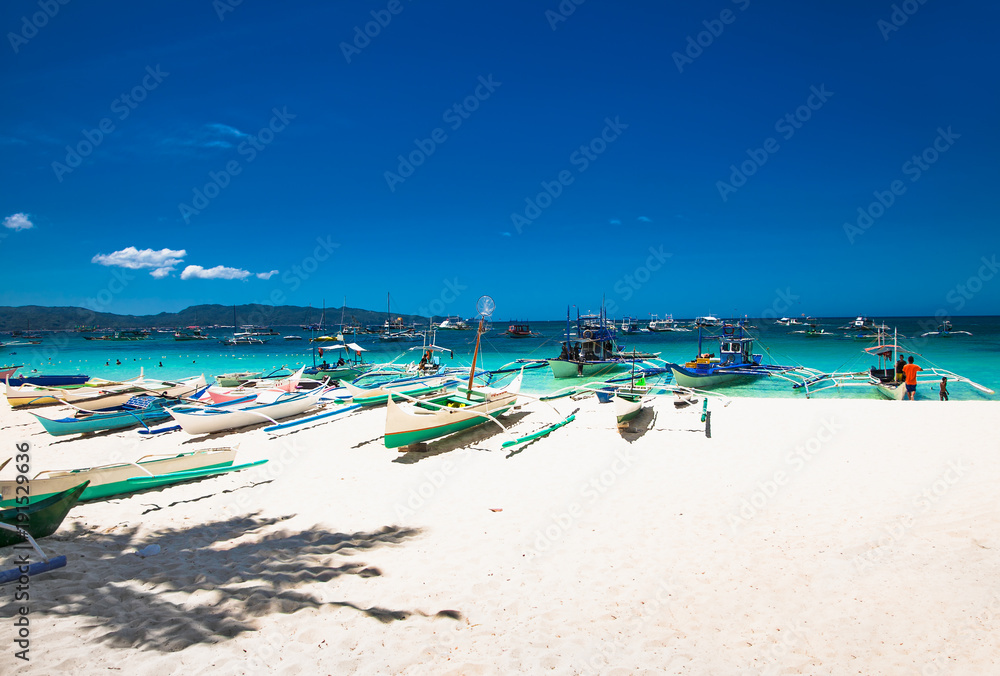 Boat at famous White Beach on Boracay Island, Philippines Boat at famous White Beach on Boracay Island, Philippines