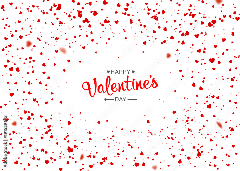Greeting card Valentine's day with place for text. Red confetti of hearts flying randomly on white background. Abstract background can be used for holidays, celebration, declaration of love postcard