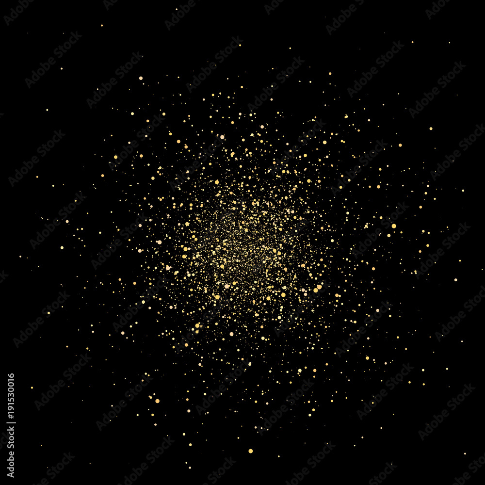 Golden confetti flying randomly on black background. Explosion particles from the center in yellow and golden colors. Stardust on black background