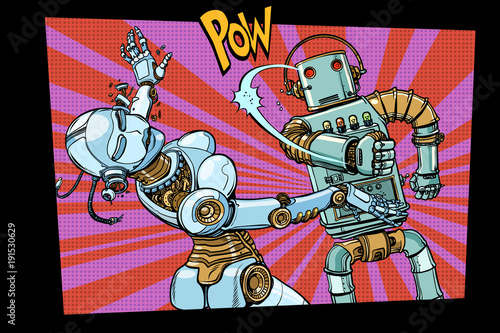 Male and female robots fighting domestic violence