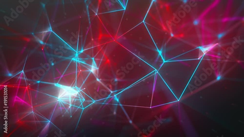 Inspirational Digital Network Loop 1A: fast rotating bright light neon cloud mesh of network connections in hot red, cool blue, and magenta. 4K UHD, FullHD, seamless loop. 