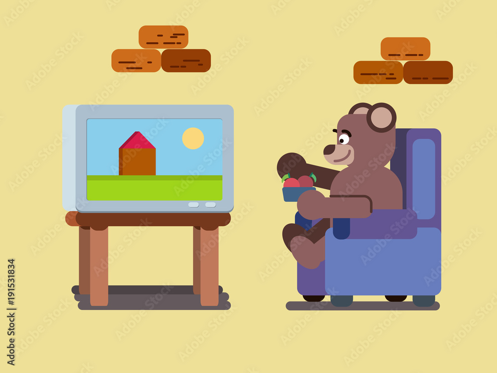 Cartoon brown bear watching tv at home flat illustration