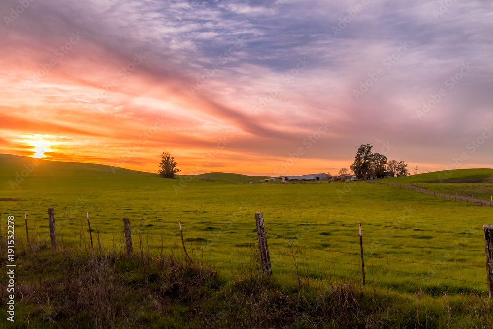 A green pasture land with a dairy farm at sunset. A fence is in the foreground. Trees on the horizon. A dramatic sky of red, yellow and magenta clouds has the sun setting on the left. 