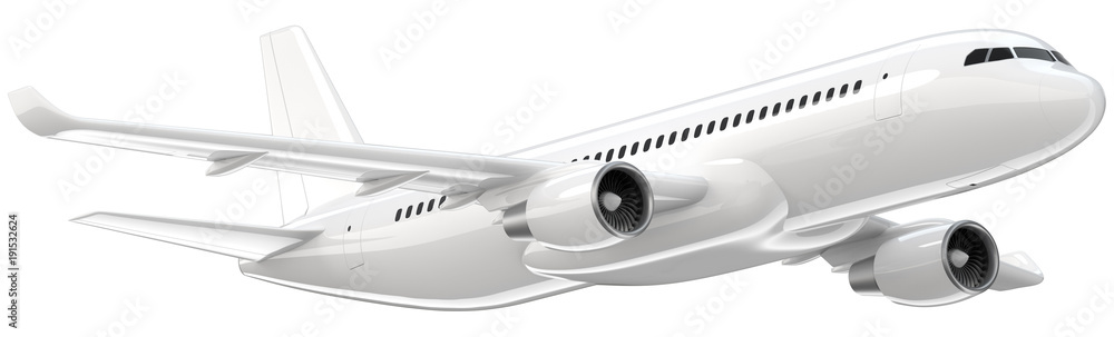 Fototapeta High detailed white airliner, 3d render on a white background. Airplane Take Off, isolated 3d illustration. Airline Concept Travel Passenger plane. Jet commercial airplane