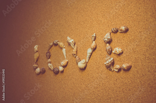 Love. The word "love" of sea shells on a brown background.