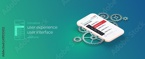 Conceptual banner, booklet, brochure. User experience, user interface. Gear mechanism and 3d phone with a web page layout. Mobile application work