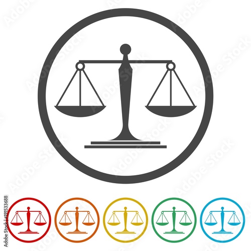 Scales of justice flat icon for apps and websites, 6 Colors Included