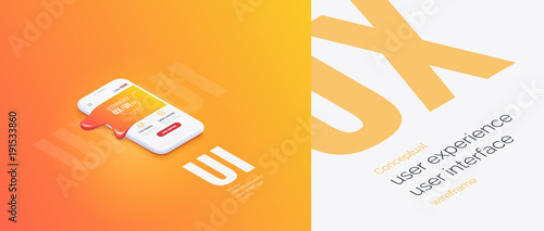 Conceptual banner, booklet, brochure. User experience, user interface. 3d phone with the layout of the web page. Molten mobile interface. Mobile application