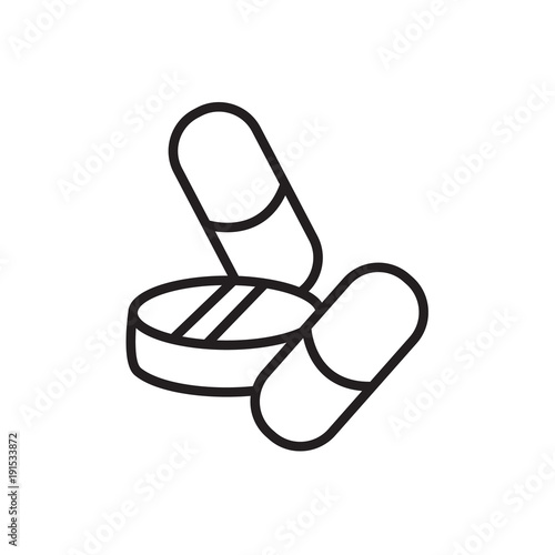 Pills icon. Pharmacy bottle sign. Medical drugs symbol. Linear outline icon. Speech bubble of dotted line. Vector