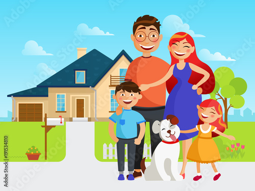 Happy family move into a new house flat vector illustration in cartoon design. Mother, father, sister, brother and their dog near new home.
