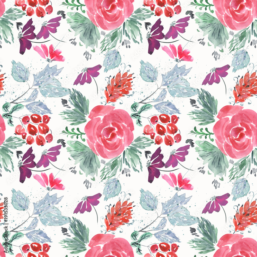 Abstract seamless cute floral pattern.Bright red, lilac flowers on white background.