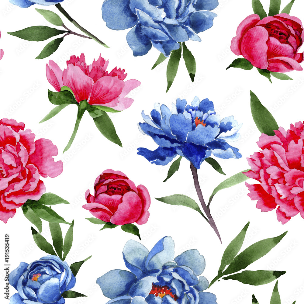 Wildflower red and blue peonies flowers pattern in a watercolor style. Full name of the plant: peony. Aquarelle wild flower for background, texture, wrapper pattern, frame or border. Wildflower red and blue peonies flowers pattern in a watercolor style. Full name of the plant: peony. Aquarelle wild flower for background, texture, wrapper pattern, frame or border.
