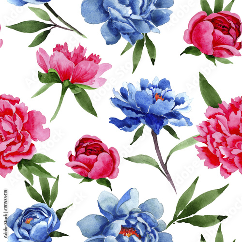 Wildflower red and blue peonies flowers pattern in a watercolor style. Full name of the plant  peony. Aquarelle wild flower for background  texture  wrapper pattern  frame or border.