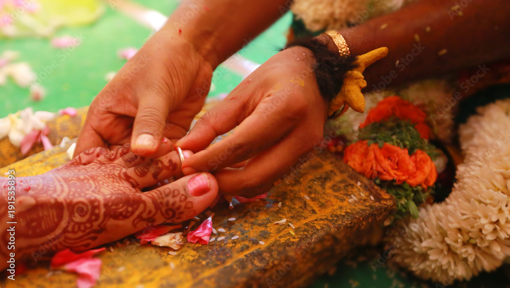 South Indian wedding rituals of bride and groom with wedding background South Indian wedding rituals of bride and groom with wedding background