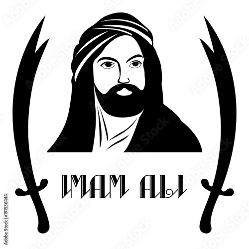 Silhouette of Imam Ali, the cousin and son-in-law of the Islamic prophet Muhammad and his swords named 