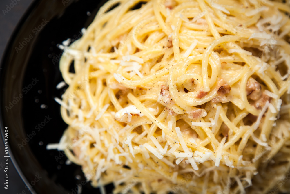 Spaghetti carbonara with egg and pancetta Spaghetti carbonara with egg and pancetta