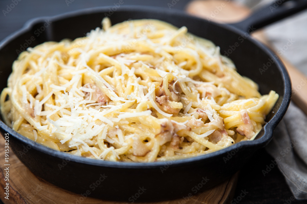 Spaghetti carbonara with egg and pancetta Spaghetti carbonara with egg and pancetta