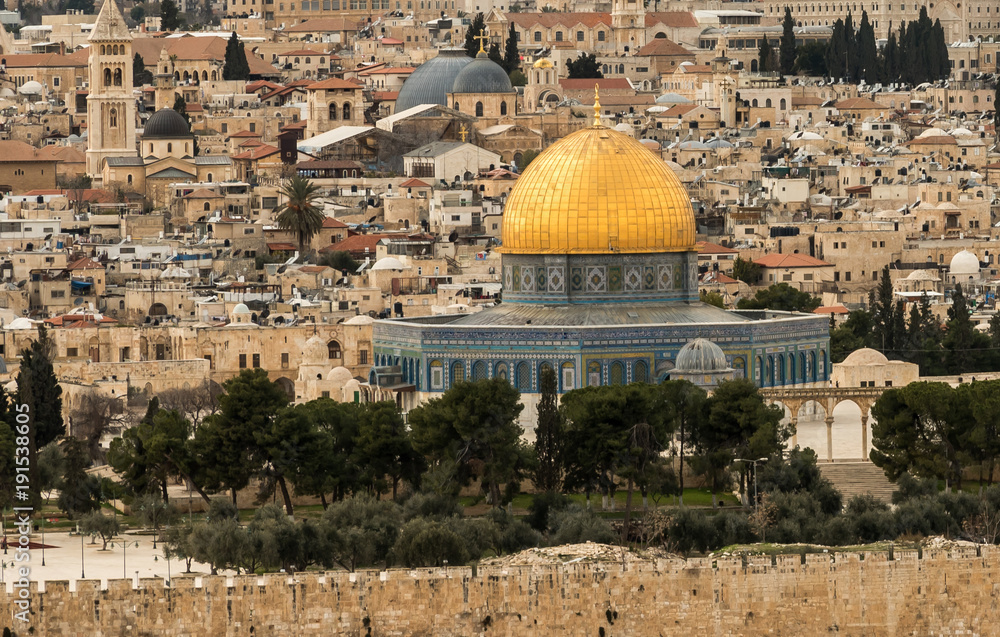 Temple Mount with Dome of the Rock and old town of Jerusalem with many christian churches, Israel
