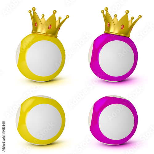 Royal bingo or lottery blank balls. Set Multicolor balls on a white isolated background. Golden crown. Concept 3d illustration. photo