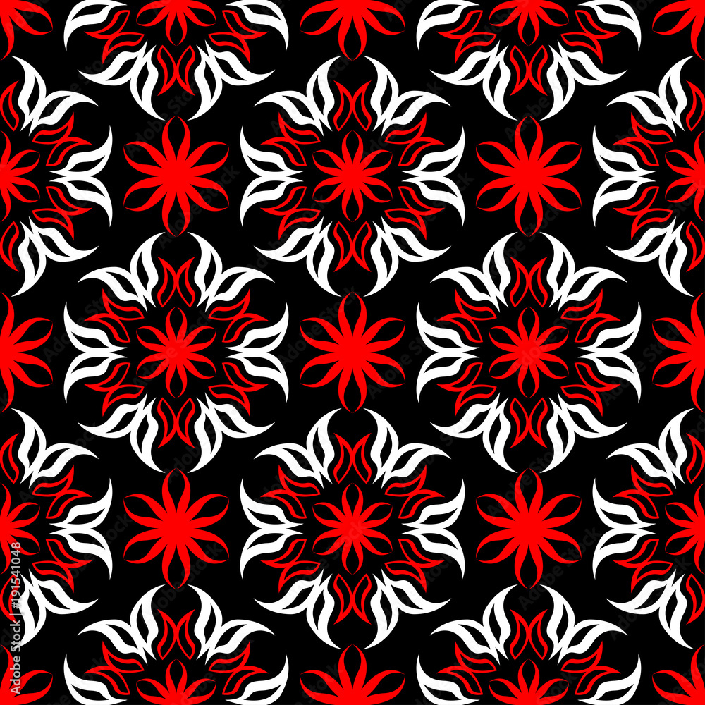 Seamless floral pattern. Red and white elements on black background Seamless floral pattern. Red and white elements on black background