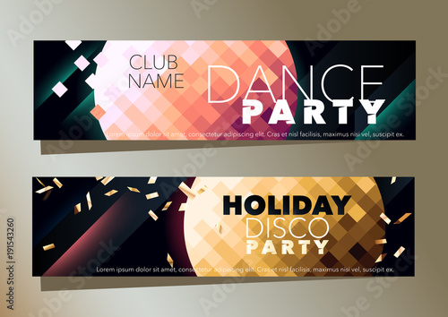 Set of two horizontal music party banner with golden and pink graphic elements.  