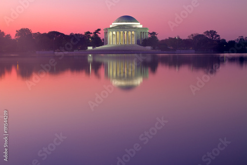 Jefferson Memorial Reflecting in Tidal Basin at Sunrise
