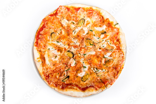 Pizza with seafood isolated over white background. Top view.