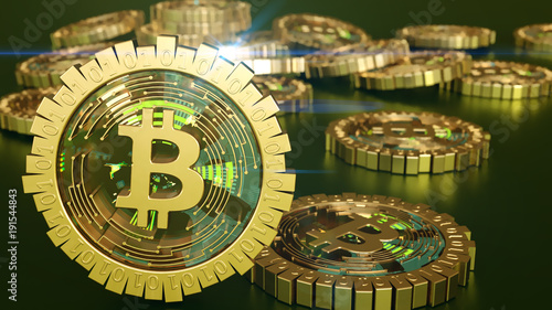 3D model of the bitcoin logo gold coins that scatter in different directions. 3D rendering. photo