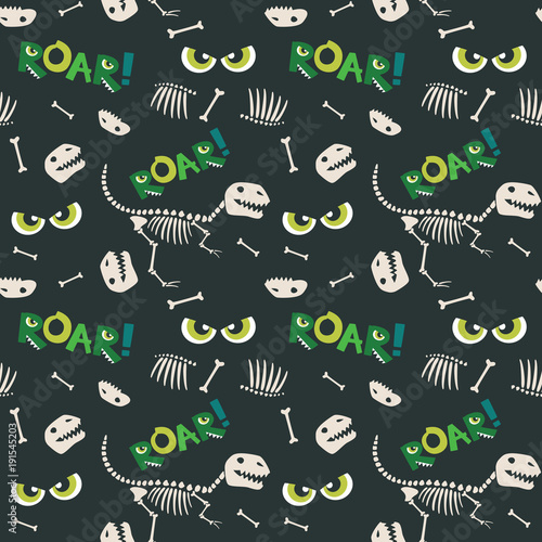 Dinosaur Fossil Bones and Scary Eyes Seamless Pattern Dark Background Vector Illustration