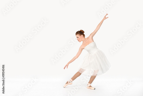 the ballerina in pointes and a dress dances on a white background