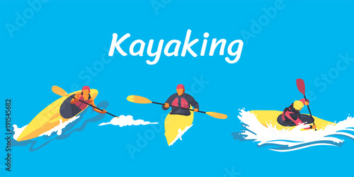 Kayaking paddling on boats set with people in rafting canoeing