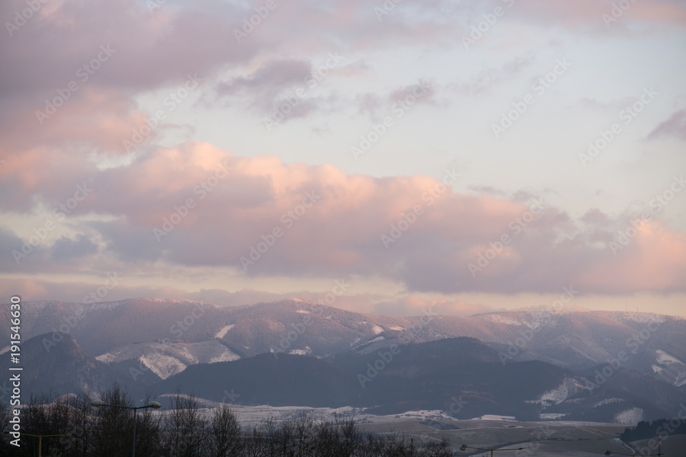 Fototapeta premium Sunrise over the town. Slovakia