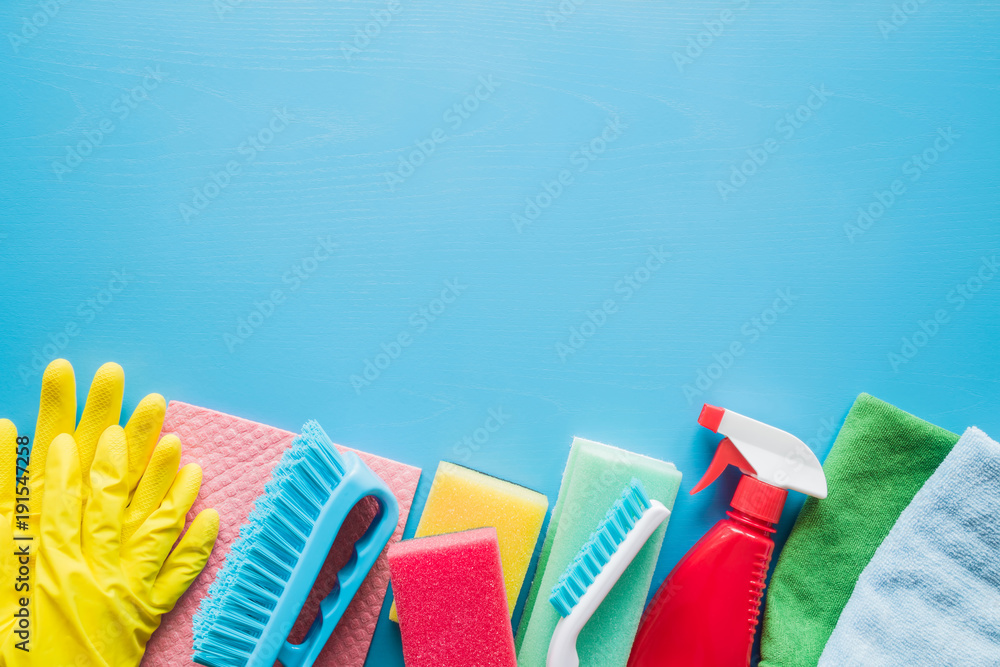 Colorful cleaning set for different surfaces in kitchen, bathroom and