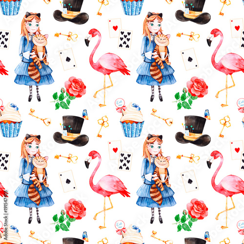 Wonderland seamless texture.Magical pattern with lovely rose,playing cards,hat,flamingo,golden keys,young girl in blue dress with cute cat,cupcake,Perfect for wallpaper,print,packaging,invitations