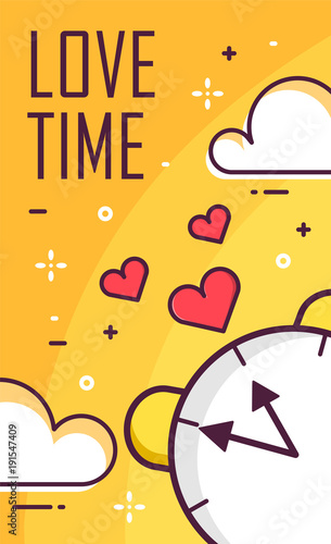 Love time poster with alarm clock and clouds on yellow background. Thin line flat design. Vector.
