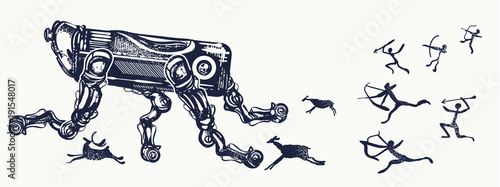 Robots and people, tattoo art. Modern robot runs away from cave people. Symbol of degradation of mankind, future and past, time machine. Robot and human art tattoo and t-shirt design