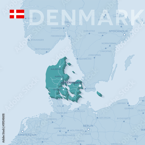 Map of cities and roads in Denmark.