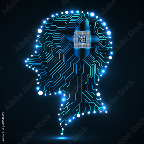 Neon human head, cpu, circuit board, vector illustration, eps 10