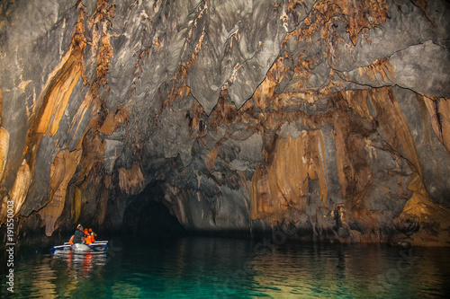 Fotografie, Tablou Boats at cave of Puerto Princesa subterranean underground river on Palawan, Phil