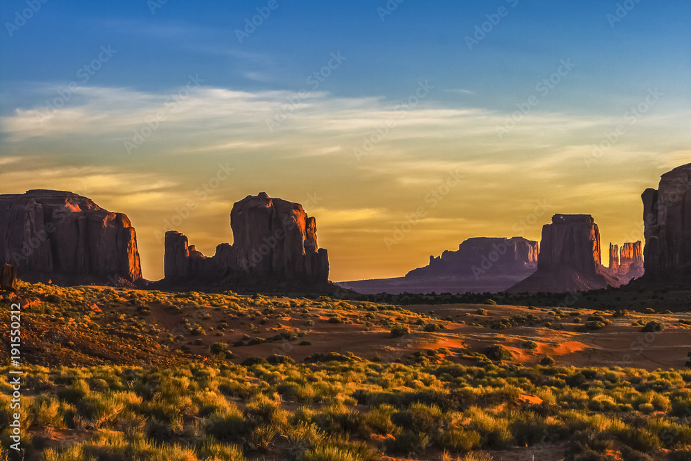 Spearhead Mesa and famous buttes of the Monument Valley Navajo Tribal Park in early morning, Arizona.