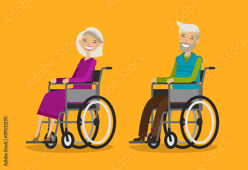 Disabled people in wheelchair. Cartoon vector illustration in flat design
