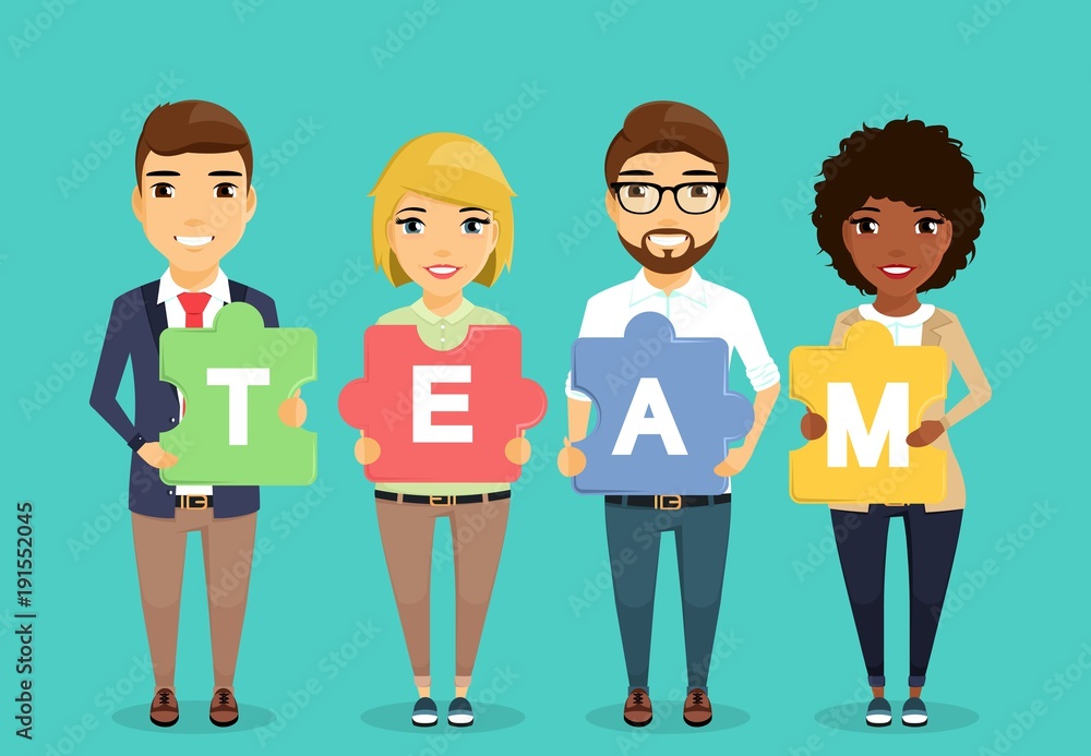 The concept of the business team. Young guys and girls in business suits. At them in hands a puzzle of different colors. Different. In flat style. Cartoon. The concept of the business team. Young guys and girls in business suits. At them in hands a puzzle of different colors. Different. In flat style. Cartoon.