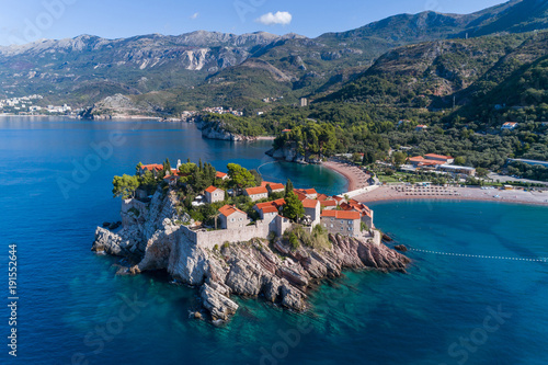 Aerial view of the hotel sveti stefan from the sea. Montenegro. photo